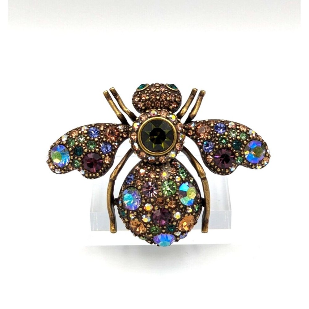 Vintage Joan Rivers Multicolor Rhinestone Brass Tone Bee Bumblebee Brooch Pin